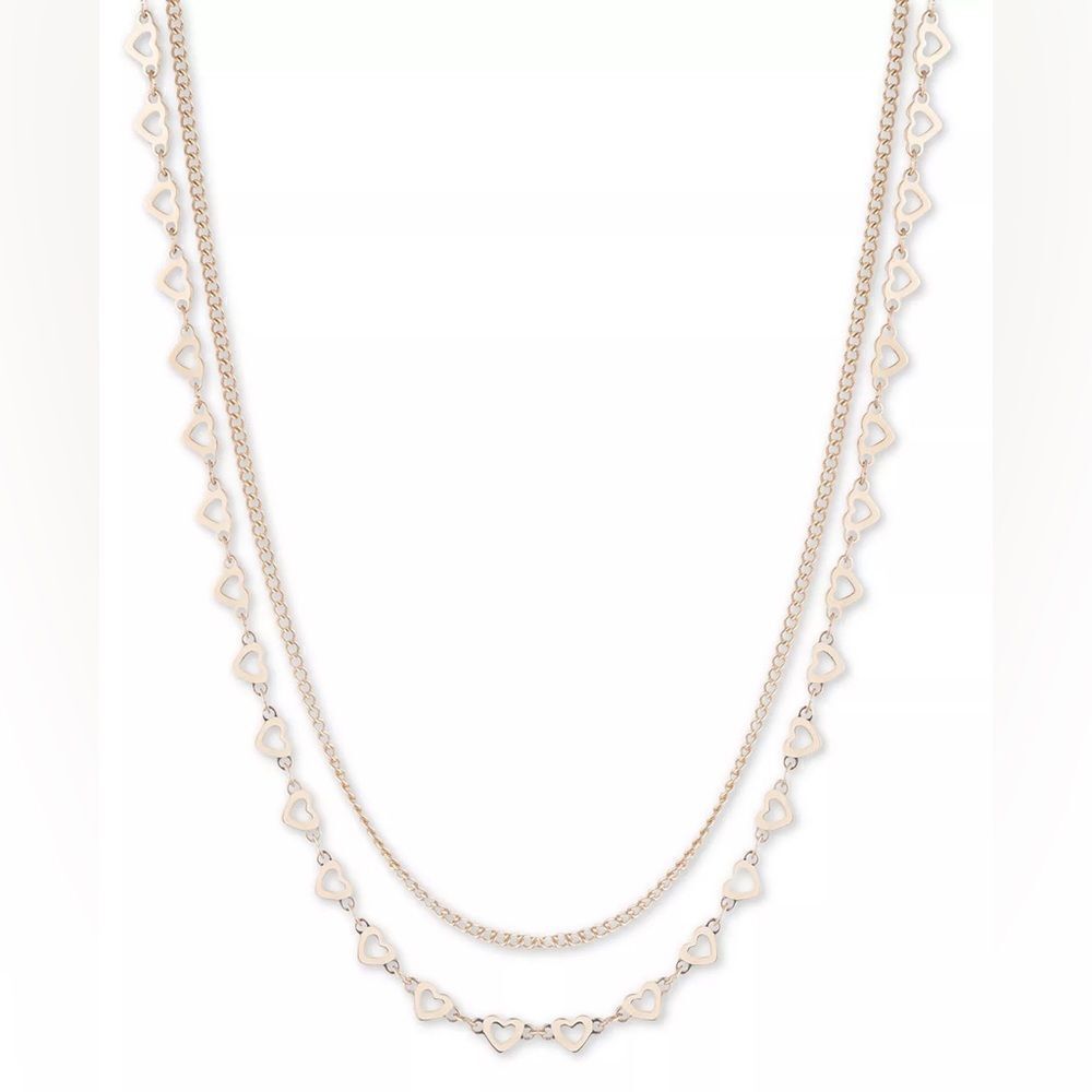 NWT KARL LAGERFELD Gold-Tone Link & Heart Layered Necklace, 16" + 3" extender